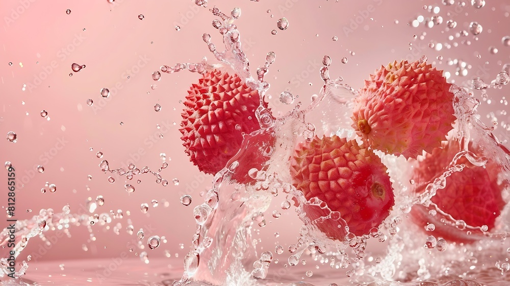 Creative layout made from Fresh lychee or litchi fruit and water splashing on a pastel pink background Fruit minimal concept and copy space : Generative AI Creative layout made from Fresh lychee or litchi fruit and water splashing on a pastel pink background Fruit minimal concept and copy space : Generative AI