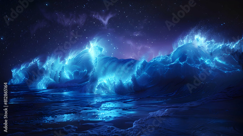 Ocean Glowing Symphony: Bioluminescent Waves Sparkle in Night s Embrace