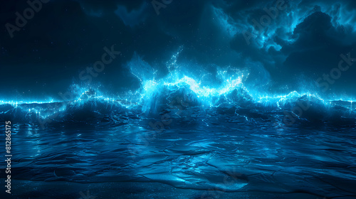 Enchanting Ocean Waves in Bioluminescent Light: Spectacular Night Symphony