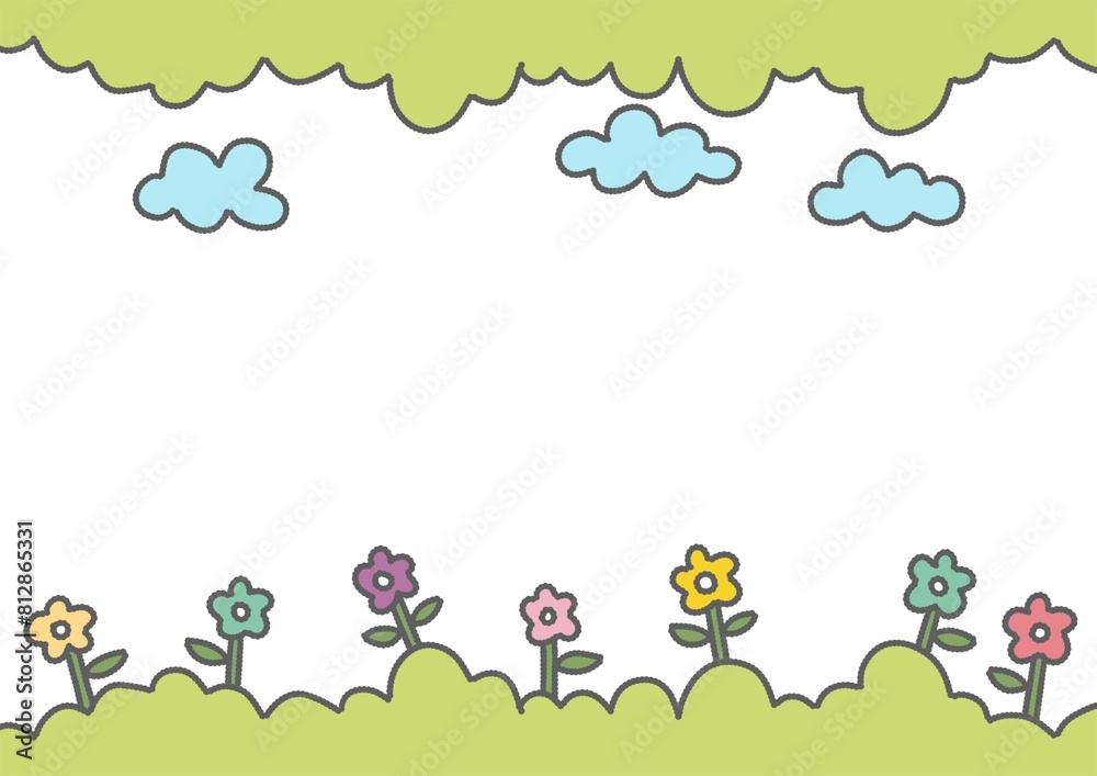 cute tiny colorful flowers with green leaf frame in white background. paper , note , planner , diary and presentation A4 size bg decoration.	