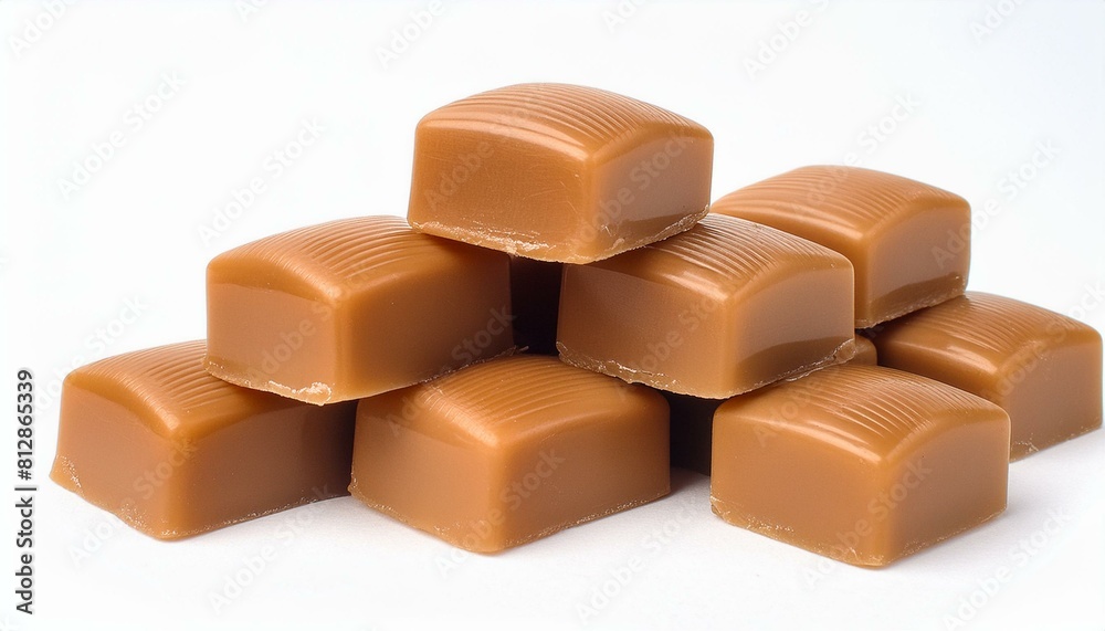 Chocolate or caramel stacked against a white background.