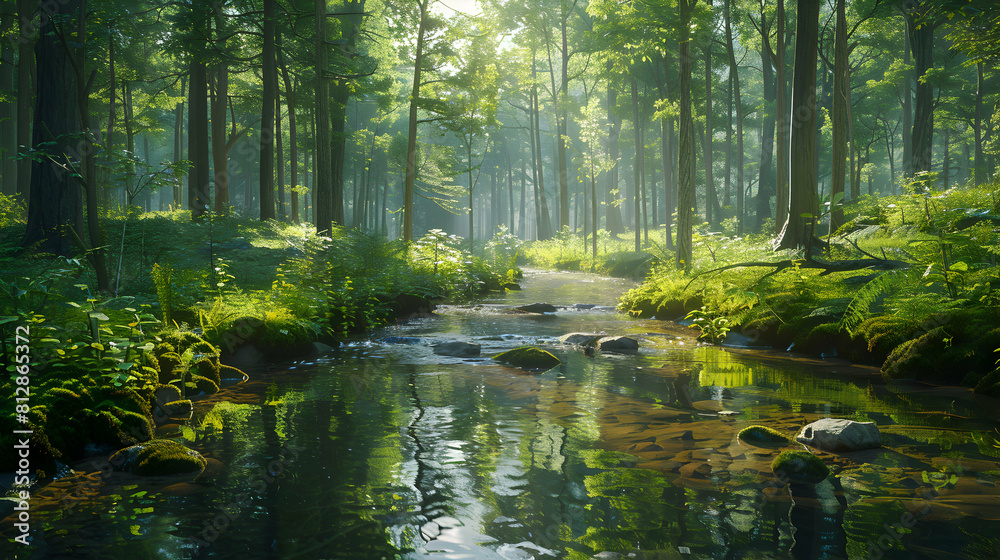 Serene Stream in Old Growth Forest: Lush Vegetation Reflects in Photo Realistic Image of Untouched Nature   Adobe Stock Photo Concept