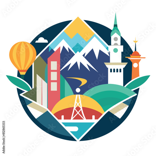 Cityscape against backdrop of towering mountains, A chic and simple logo featuring geometric shapes representing travel destinations