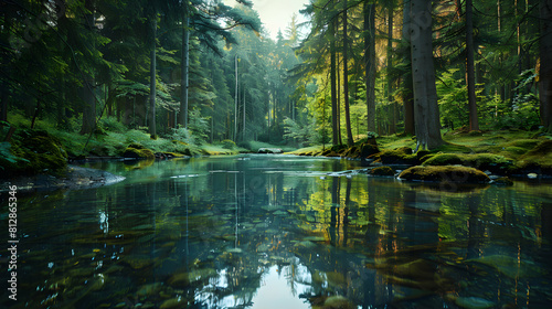 Scenic Old Growth Forest River Reflections  A River s Tranquil Reflection of Ancient Trees in Pristine Wilderness   Photo Realistic Concept on Adobe Stock