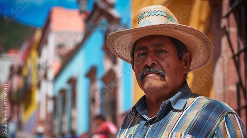 Mexican man visiting colorful Guanajuato historic center : Generative AI