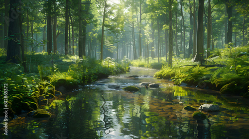 Serene Stream in Old Growth Forest: Lush Vegetation Reflects in Photo Realistic Image of Untouched Nature Adobe Stock Photo Concept