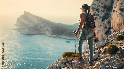 Side view female explorer in casual clothes and trainers holding chain while hiking on rocky slope during summer vacation in penon de ifach in calpe alicante spain : Generative AI photo
