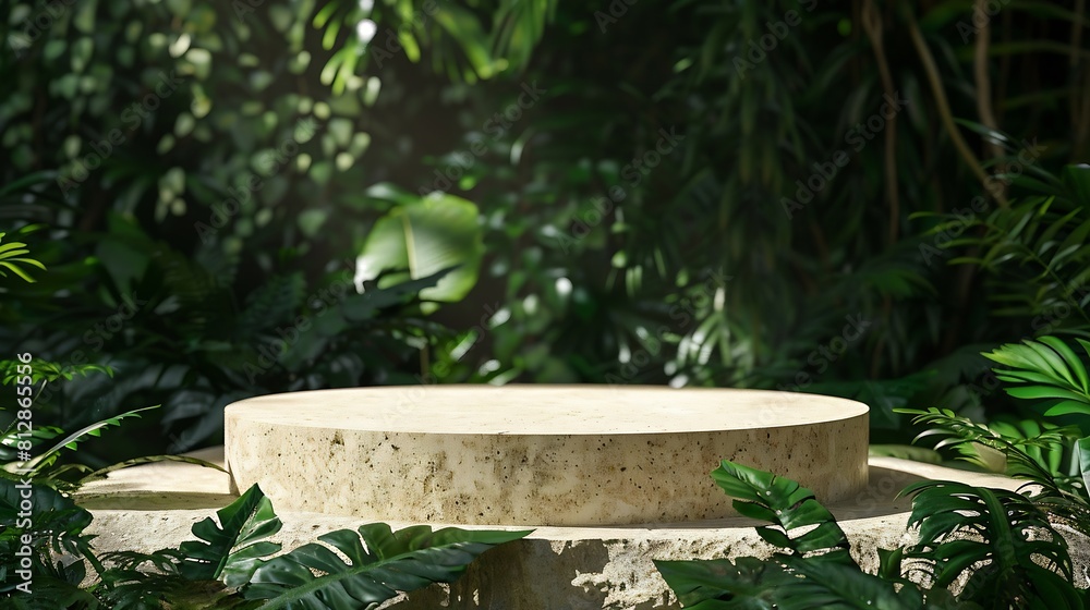 An empty beige stone podium on forest background with fern centella and green leaves Scene for advertising display product with natural concept : Generative AI
