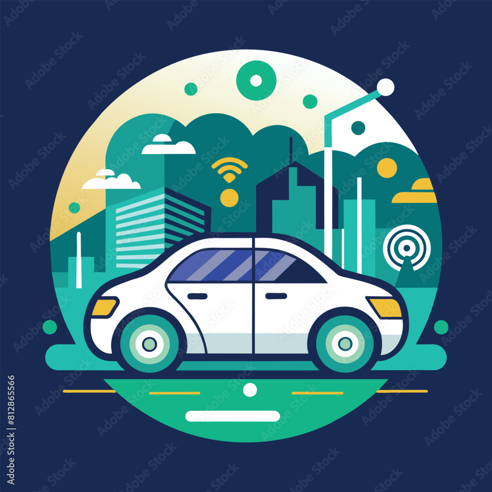 A white car driving through a busy city street with tall buildings in the background, A clean, modern icon symbolizing the future of autonomous vehicles A white car driving through a busy city street with tall buildings in the background, A clean, modern icon symbolizing the future of autonomous vehicles