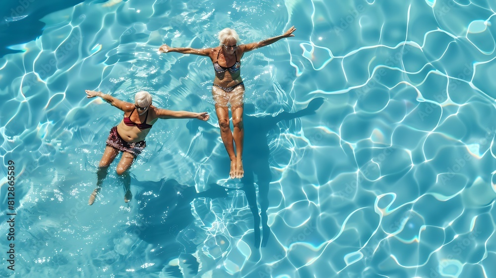 Above vertical view of people old senior couple taking hands with love and having fun on the blue clear swimming pool together enjoying the summer holiday vacation with trendy coloured : Generative AI
