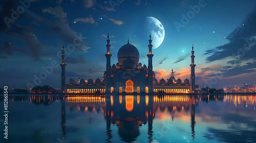 majestic mosque in the moon's embrace, reflected in calm blue waters under a clear blue sky
