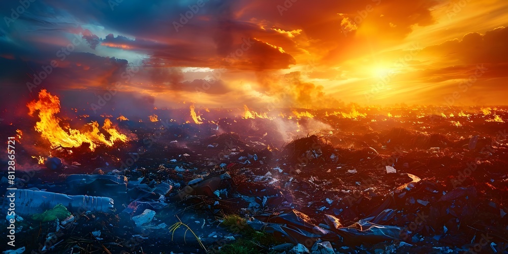 Burning plastic in landfills creates harmful fumes worsening pollution and heat issues. Concept Pollution, Landfill, Plastic, Fumes, Recycling