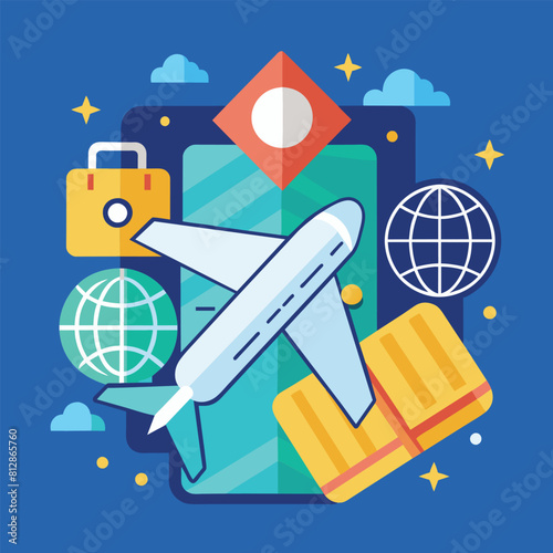 Blue background featuring a plane, luggage, and a globe, A clean and minimalist design with a passport and airplane icon