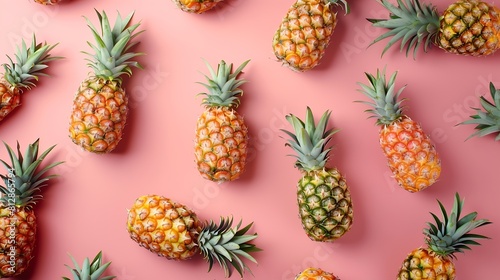 Colorful fruit pattern of fresh pineapples on pink background From top view : Generative AI