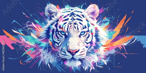 A vibrant tiger face with feathers  depicted in an abstract vector art style  featuring bright and bold colors against dark background. 