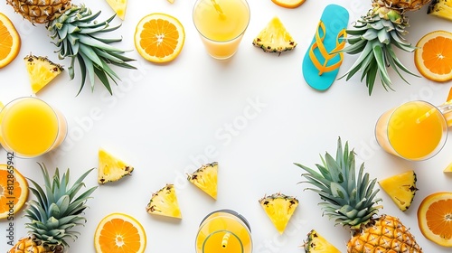 Tropical summer vacation concept with pineapple juice and flip flops organized on white background View from above Flat lay : Generative AI