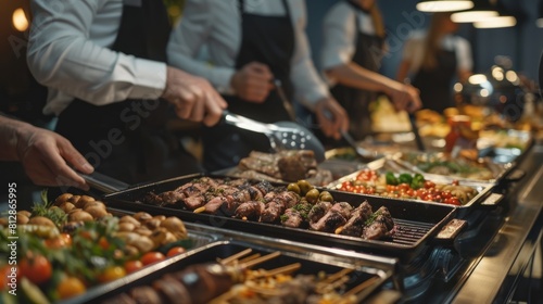 Group of people on catering buffet food indoor in restaurant with grilled meat. hyper realistic 