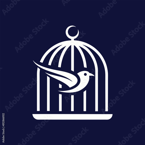 A trapped bird inside a cage against a dark backdrop, A clean and simple design featuring a bird cage, minimalist logo
