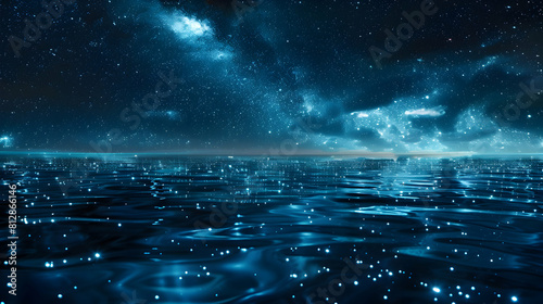Bioluminescent Waters at Night: Serene Reflections of Glowing Depths mirroring the Starry Night Sky Photo Stock Concept