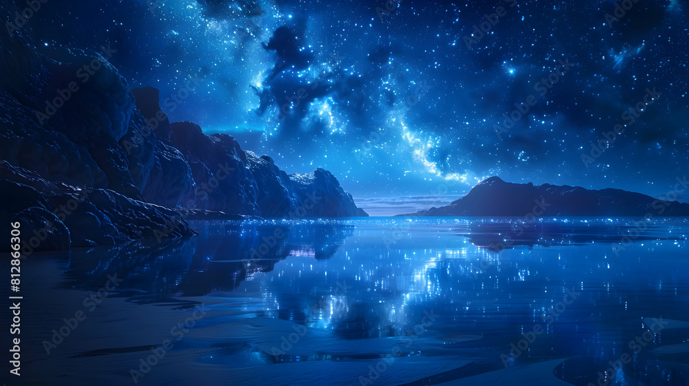 Glowing Bioluminescent Waters Reflecting Calm Night Sky and Stars   Photo Realistic Concept