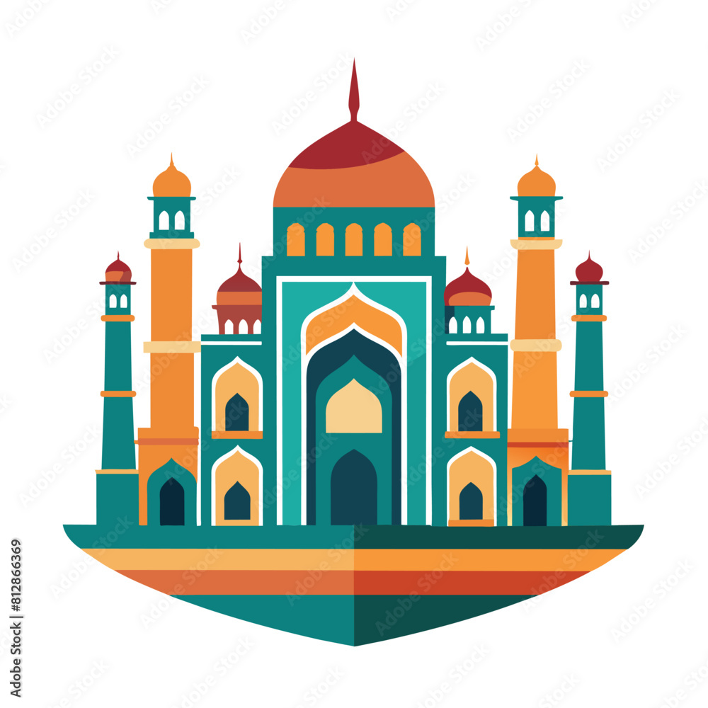 Fototapeta premium A building featuring a striking red dome and two towering structures, A clean design of the Taj Mahal, minimalist logo