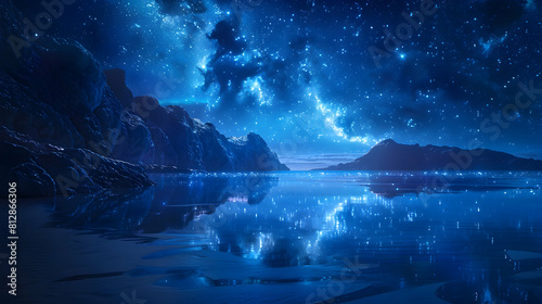 Glowing Bioluminescent Waters Reflecting Calm Night Sky and Stars Photo Realistic Concept