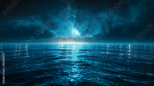 Mirror Effect: Calm Waters Reflecting Bioluminescence and Night Sky Stars Photo Realistic Image in Bioluminescent Waters Concept