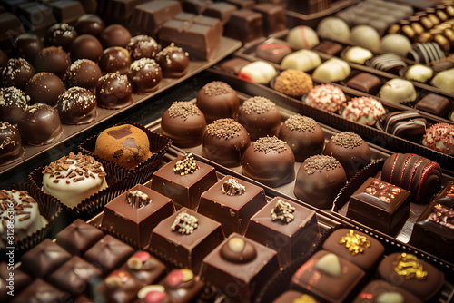 Boutique Chocolate Shop - A display of exquisite handmade chocolates, set against a luxury confectionery dark chocolate background © Studio Vision