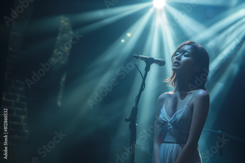 Gorgeous young Japanese female singer on stage, spotlight accentuating her elegant posture and blurred crowd in the background.