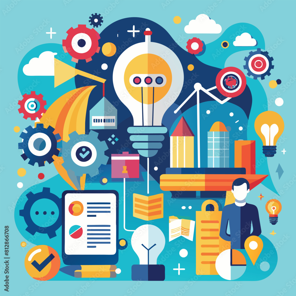 A light bulb surrounded by different icons symbolizing various concepts and ideas, A design that embodies the concepts of analysis, innovation, and leadership A light bulb surrounded by different icons symbolizing various concepts and ideas, A design that embodies the concepts of analysis, innovation, and leadership