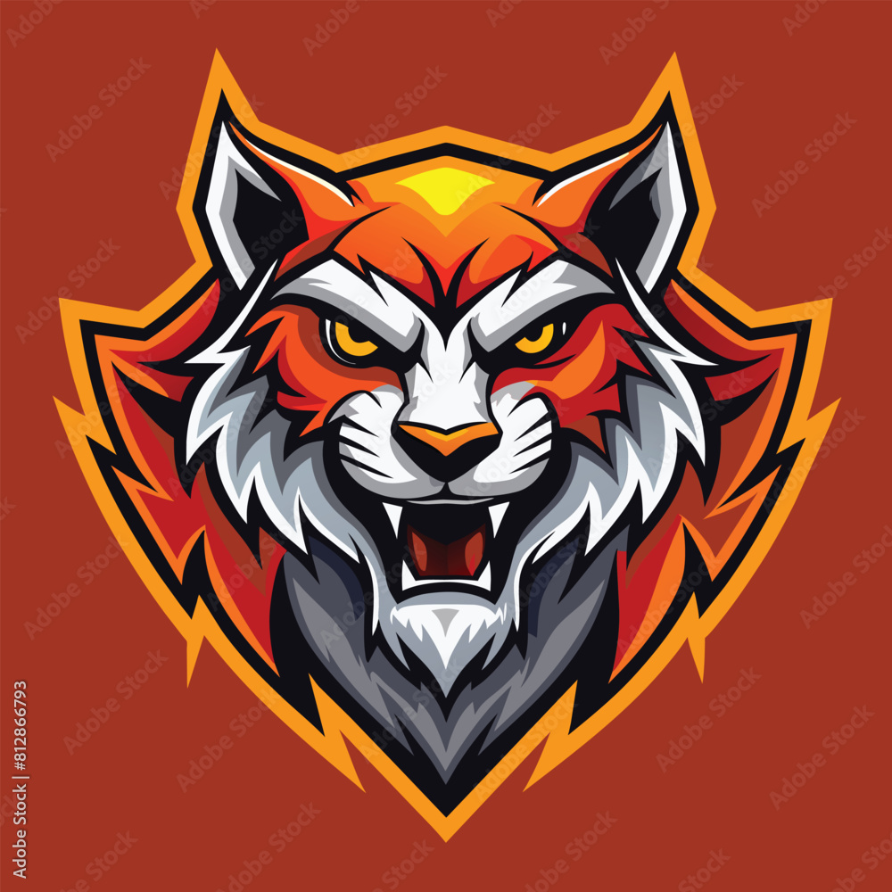 A close-up view of a red fox head with vivid orange eyes against a solid brown background, A dynamic design featuring a fierce animal mascot logo, minimalist logo