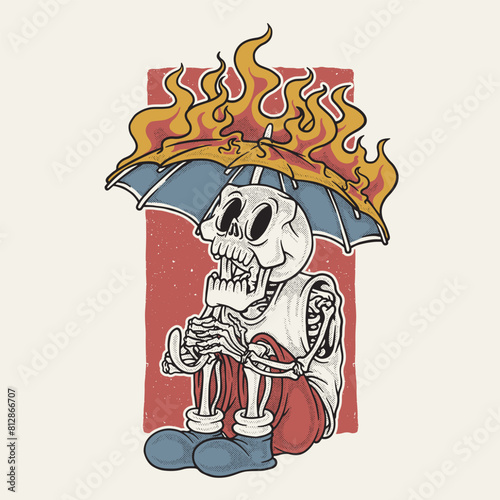 retro cartoon illustration of skeleton takes refuge in burning umbrella