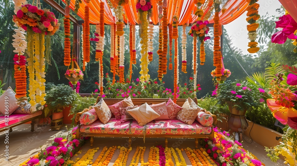 Exquisite Mehndi decorations adorned with an assortment of vibrant flowers, creating a visually stunning display that captures the essence of celebration