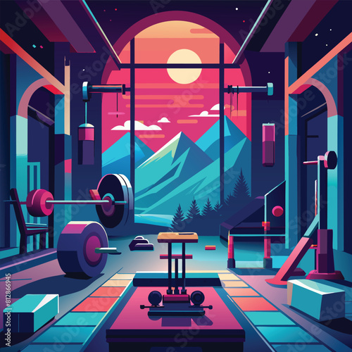 A room filled with various high-tech gym equipment, A futuristic interpretation of a gym environment through a minimalist art style