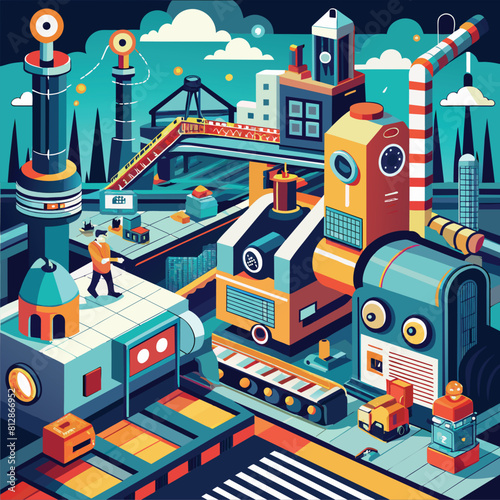 A vibrant illustration of a bustling train station with trains arriving and departing, passengers waiting on platforms, A futuristic interpretation of a factory's assembly line