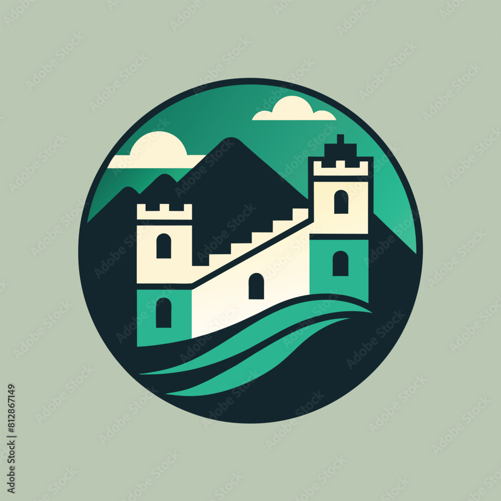 A depiction of a castle encased within a circular frame, showcasing medieval architecture and grandeur, A geometric interpretation of the Great Wall of China, minimalist logo A depiction of a castle encased within a circular frame, showcasing medieval architecture and grandeur, A geometric interpretation of the Great Wall of China, minimalist logo