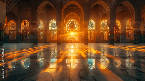 majestic mosque with sunlight reflecting on wet ground, framed by arched windows © YOGI C