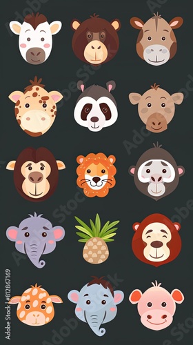Collection of cute cartoon animal faces for children or babies. Dark background.