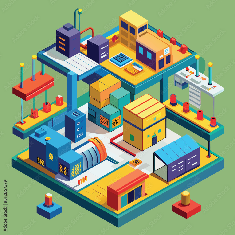 Illustration of a building covered in numerous stacked boxes, A geometric representation of a production facility's layout Illustration of a building covered in numerous stacked boxes, A geometric representation of a production facility's layout