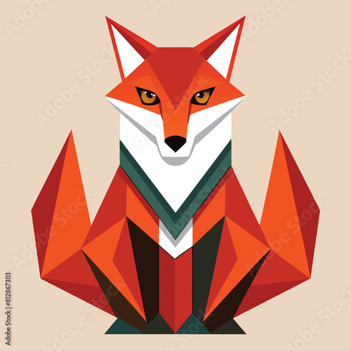 A red fox is seated with its eyes open widely, alert and attentive, A geometric representation of a fox in a simple and clean design