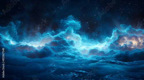 Enhancing celestial connection: Photo realistic starry night with bioluminescent waves illuminating the beauty of the night sky
