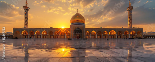marvelous mosque emitting golden glow from its dome against a blue sky