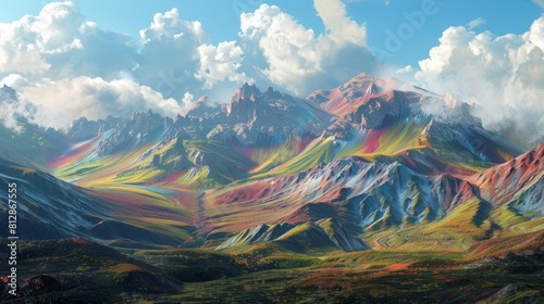 Image of landscape with colorful mountains and sky created using Generative AI technology hyper realistic 