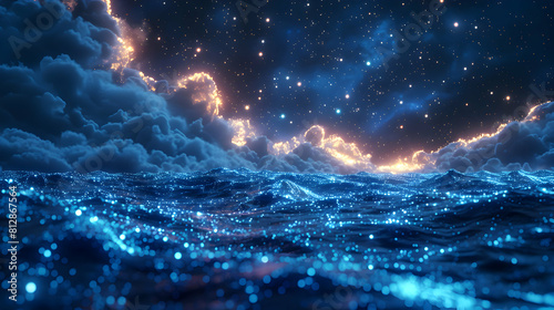 Astral Harmony: Starry Night with Bioluminescent Waves photo