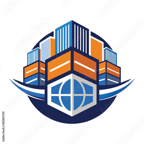A logo featuring a building silhouette with a globe in the center, inspired by shipping containers, A logo design inspired by shipping containers, symbolizing global trade and distribution