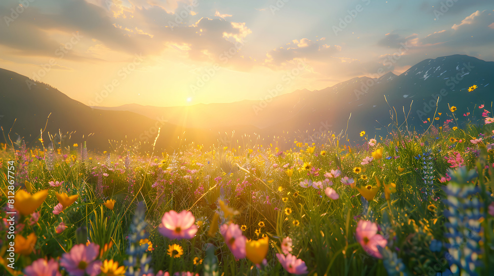 Serene Sunrise: Vibrant Wildflowers  Grasses in Tranquil Alpine Meadow   Photo Realistic Sunrise Over Alpine Meadows Concept