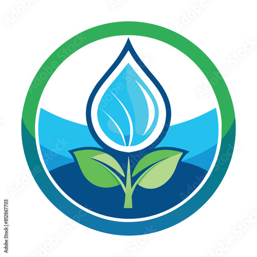 Clear water drop encapsulating a green leaf, showcasing a unique natural phenomenon, A logo that captures the essence of water conservation with minimalistic elements