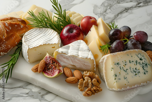 Gourmet Cheese Platter - An assortment of fine cheeses, nuts, and fruit, set against a gourmet tasting ivory background