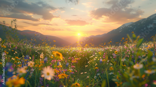 Serene Sunrise Over Alpine Meadows: A Photo Realistic Image of Vibrant Wildflowers and Grasses in a Tranquil Alpine Meadow Illuminated by the Morning Sun © Gohgah