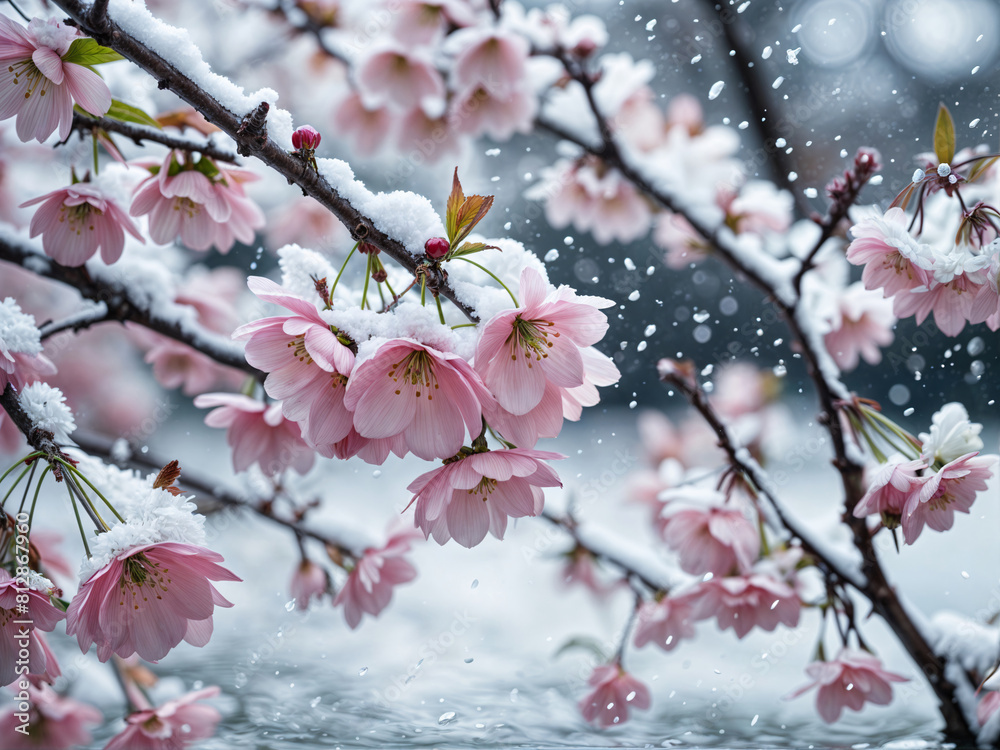 Pink cherry blossoms bloom on a branch in spring